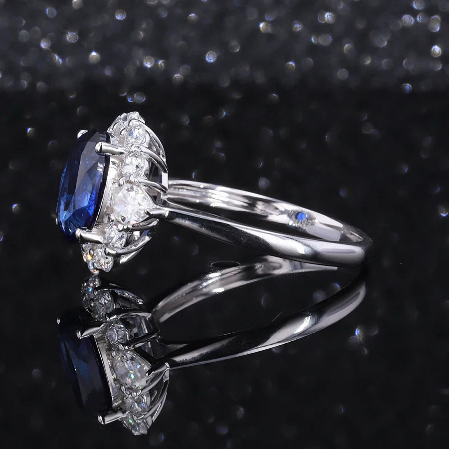 The Modified Diana — Diamond Halo Oval Blue Sapphire Ring