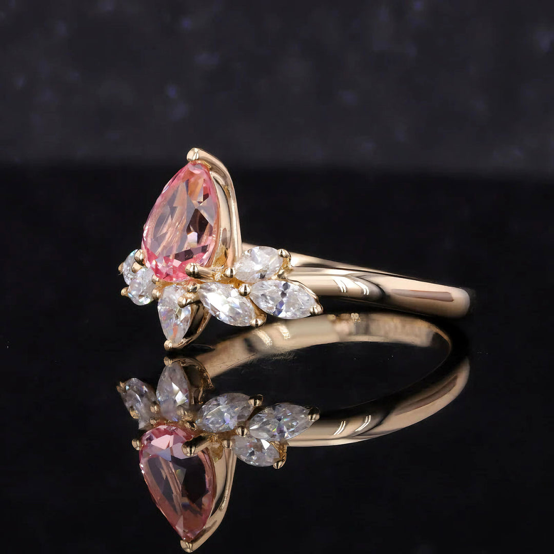 5x7mm, 0.85ct Pear Lab-Grown Pink Sapphire Ring with Marquise Diamond Accents in 14K Yellow Gold