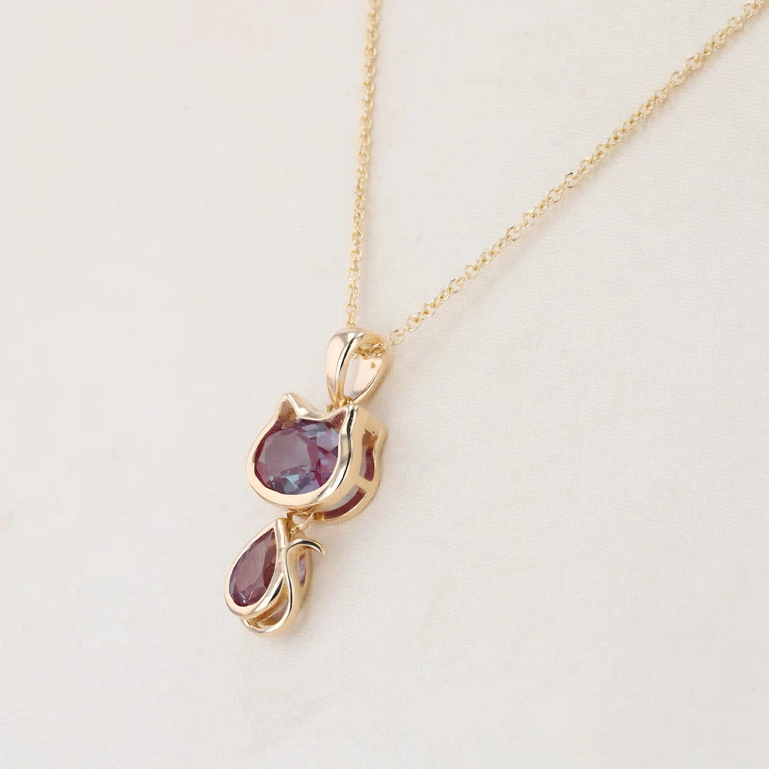 1.75ct Oval & Pear-Cut Alexandrite Cat Pendant Necklace in 14K Yellow Gold (6x8mm, 3x6mm)