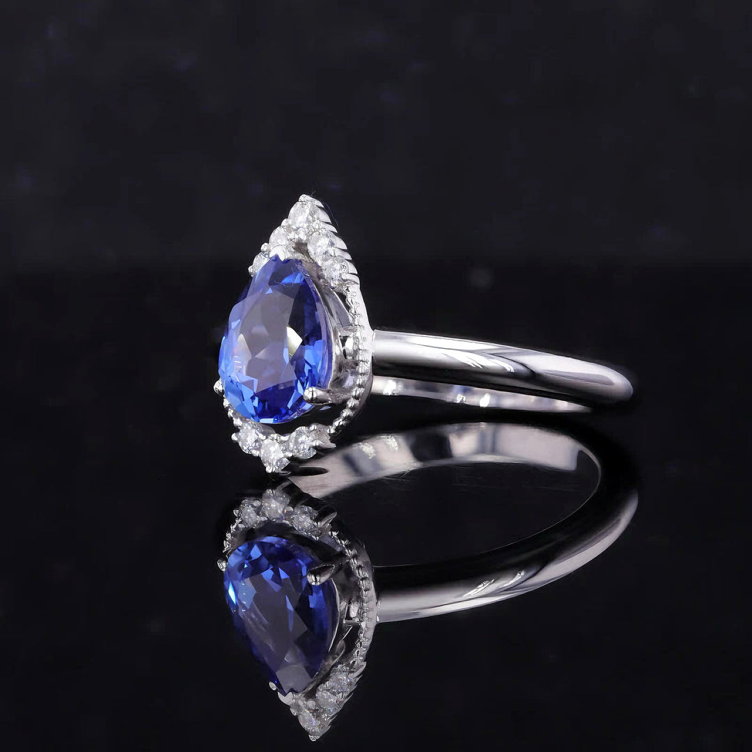 6x8mm, 1.60ct Pear Lab-Grown Blue Sapphire with Diamond Accents Ring in 14K White Gold