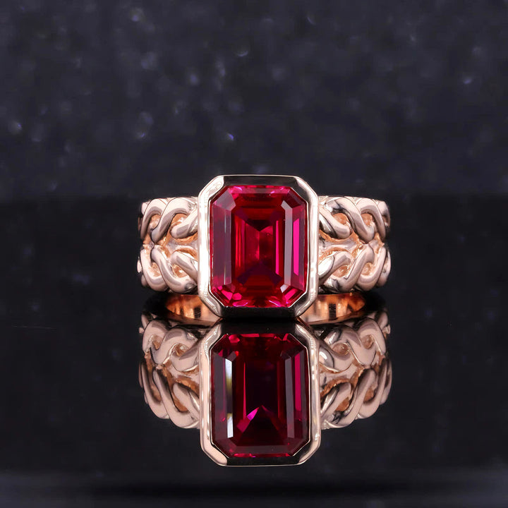 8*10mm Emerald Cut Red Ruby Bezel Set Ring in 10K Solid Rose Gold