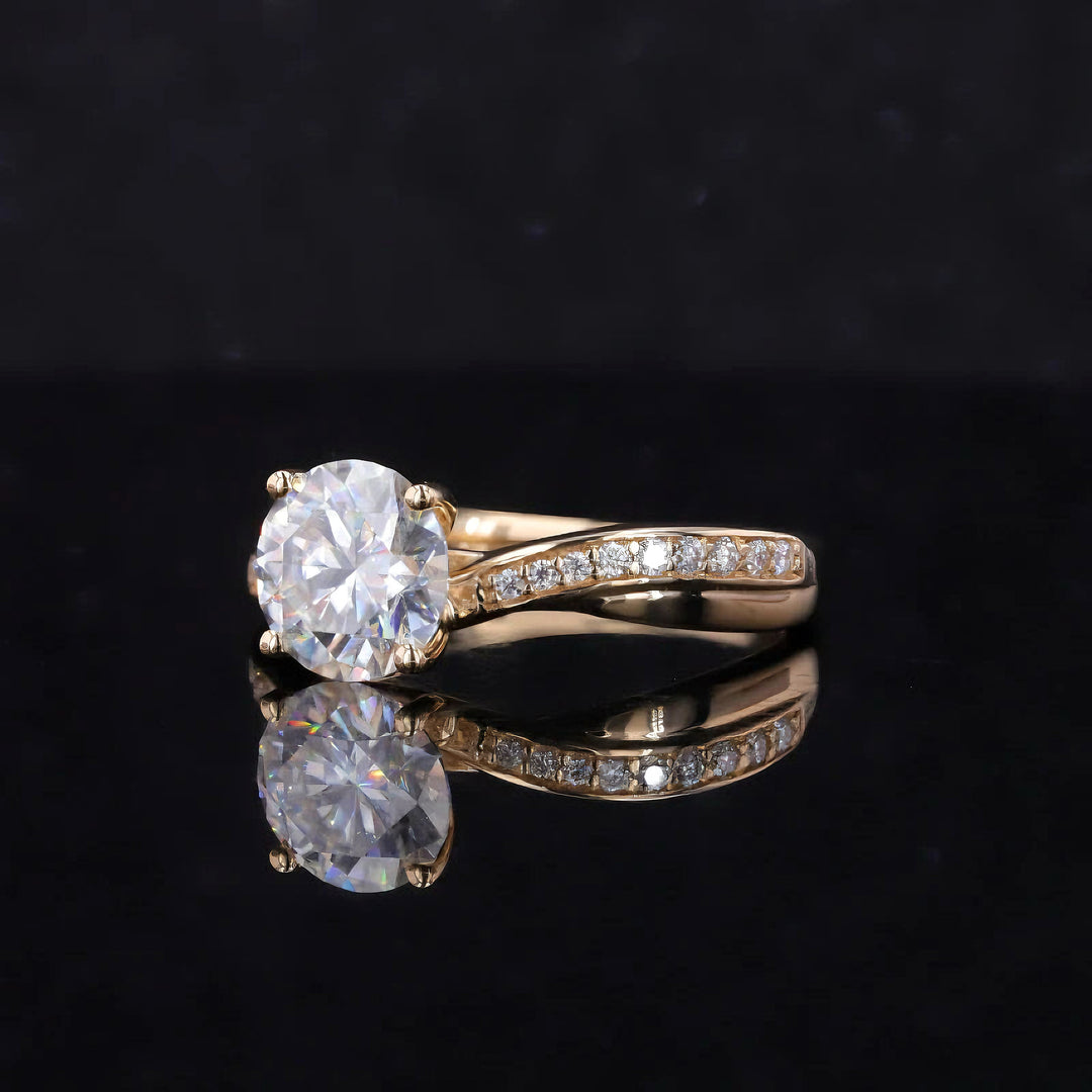 1.5ct Round Cut Moissanite with Twisted Crown/Half-Eternity Setting in 14K Solid Yellow Gold