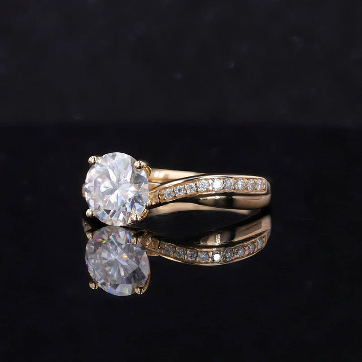 1.5ct Round Cut Moissanite with Twisted Crown/Half-Eternity Setting in 14K Solid Yellow Gold