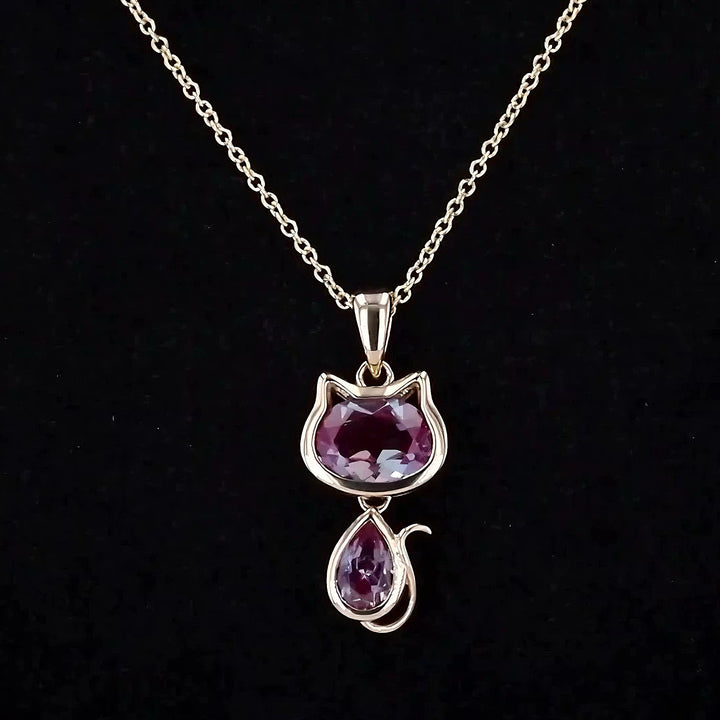 1.75ct Oval & Pear-Cut Alexandrite Cat Pendant Necklace in 14K Yellow Gold (6x8mm, 3x6mm)