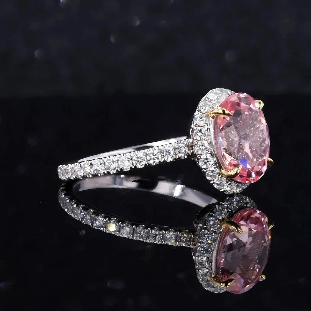 8x10mm, 4.00ct Oval Lab-Grown Sakura Pink Sapphire with Diamond Halo/Eternity Ring in 14K White Gold