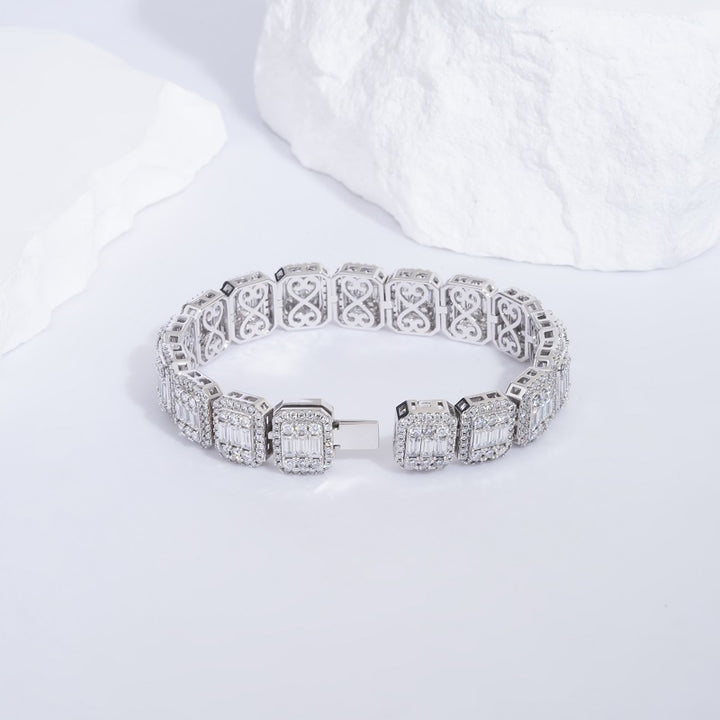 10mm, 12ct Baguette and Round Cut Diamond Bracelet in 14K Solid White Gold