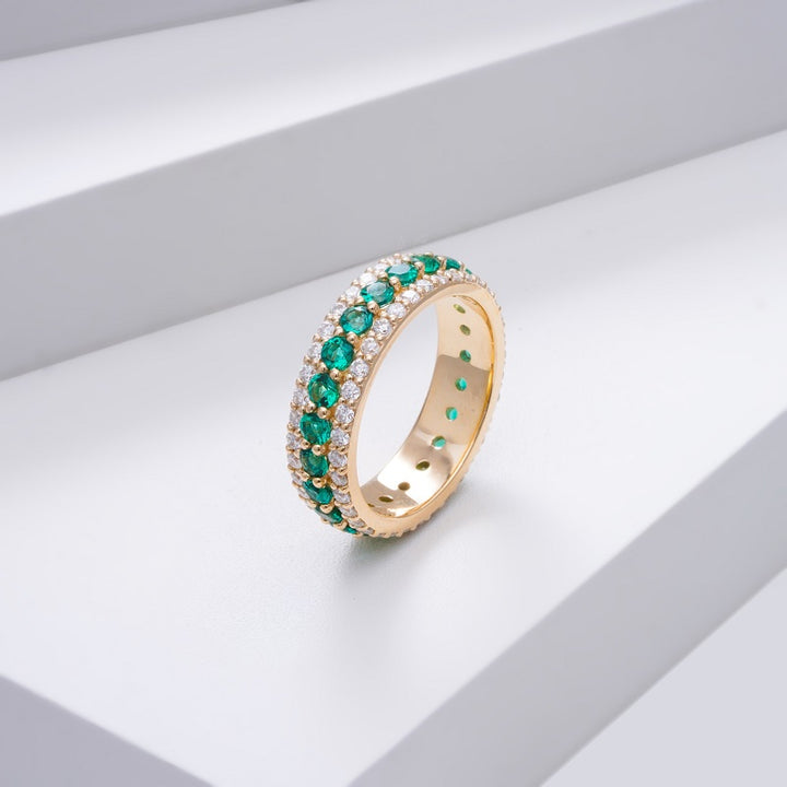 1.50ctw Lab-Grown Colombian Emerald & Diamond Eternity Band Ring in 14K Yellow Gold