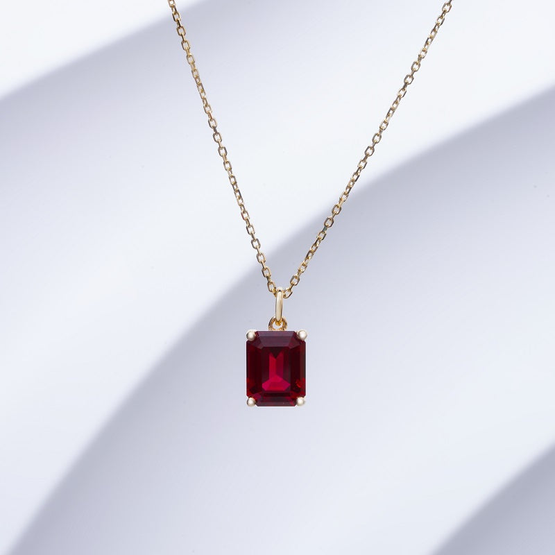 7x9mm, 3ct Emerald Cut Red Ruby Pendant Necklace in 14K Solid Yellow Gold