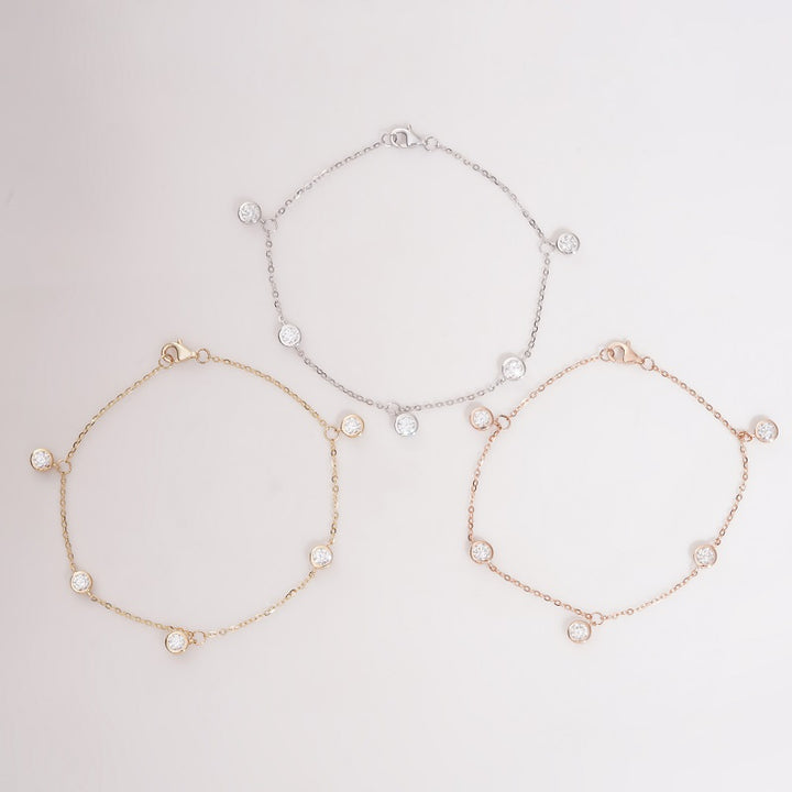 4mm Bezel-Set Round Cut Diamond Charm Bracelet in 14K Solid Yellow/Rose/White Gold