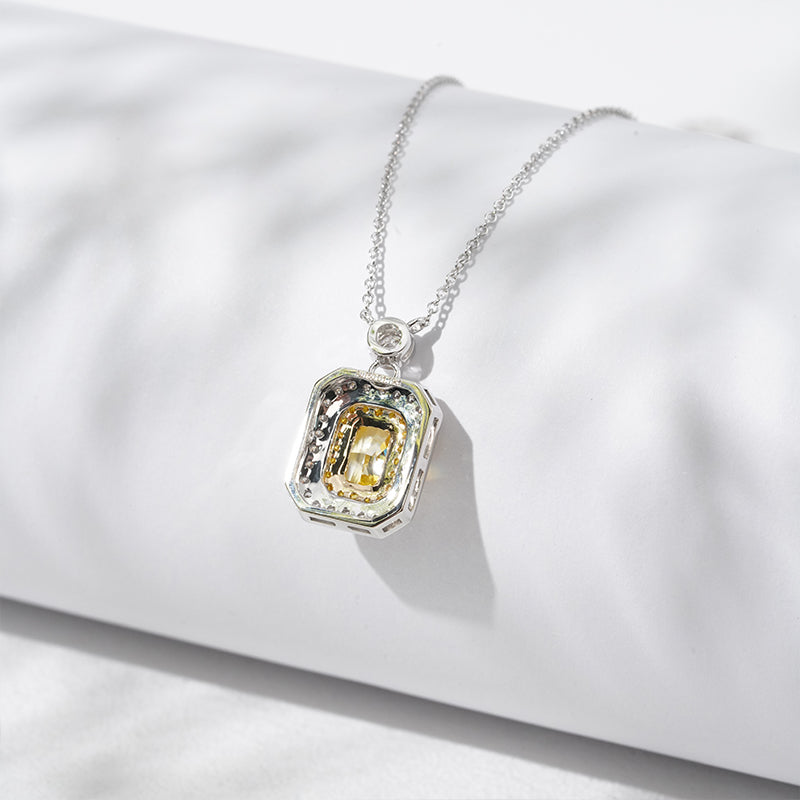 9x11mm, 0.85ct Rectangle-Radiant Cut Yellow Diamond with Yellow/White Diamond Halo Pendant Necklace in 18K Solid White Gold