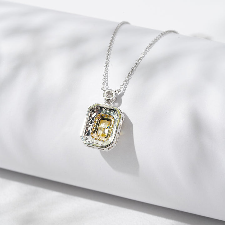 9x11mm, 0.85ct Rectangle-Radiant Cut Yellow Diamond with Yellow/White Diamond Halo Pendant Necklace in 18K Solid White Gold