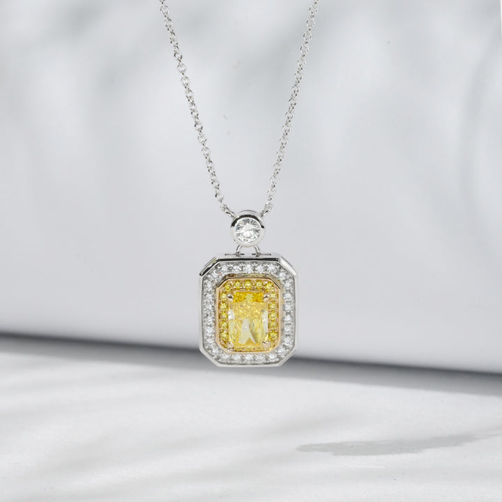 9x11mm, 0.85ct Rectangle-Radiant Cut Yellow Diamond with Yellow/White Diamond Halo Pendant Necklace in 18K Solid White Gold