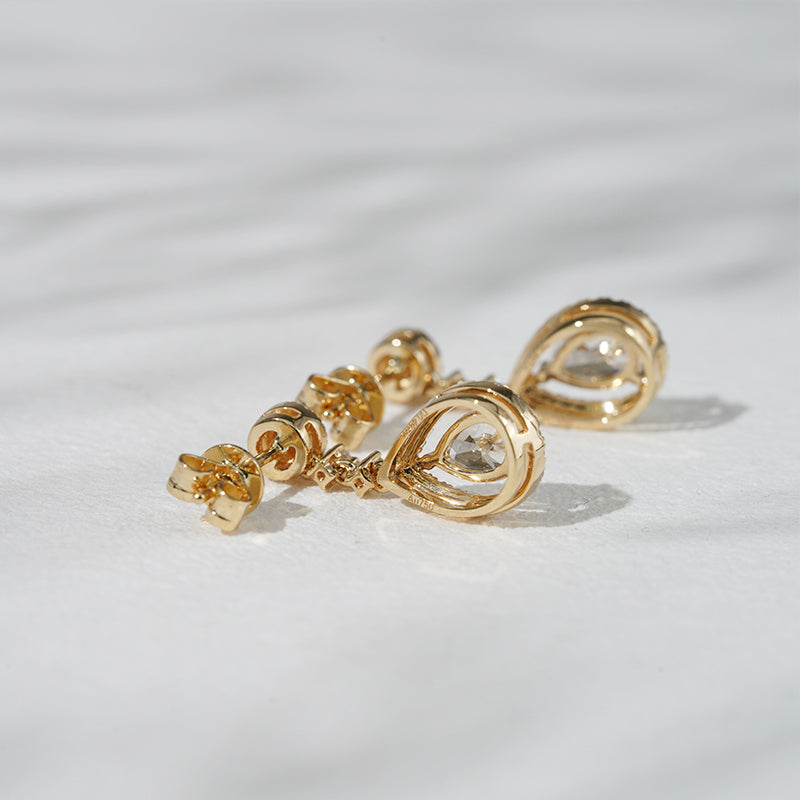 1.00ct Lab-Diamond Pear Dangle Earrings in 18K Solid Yellow Gold