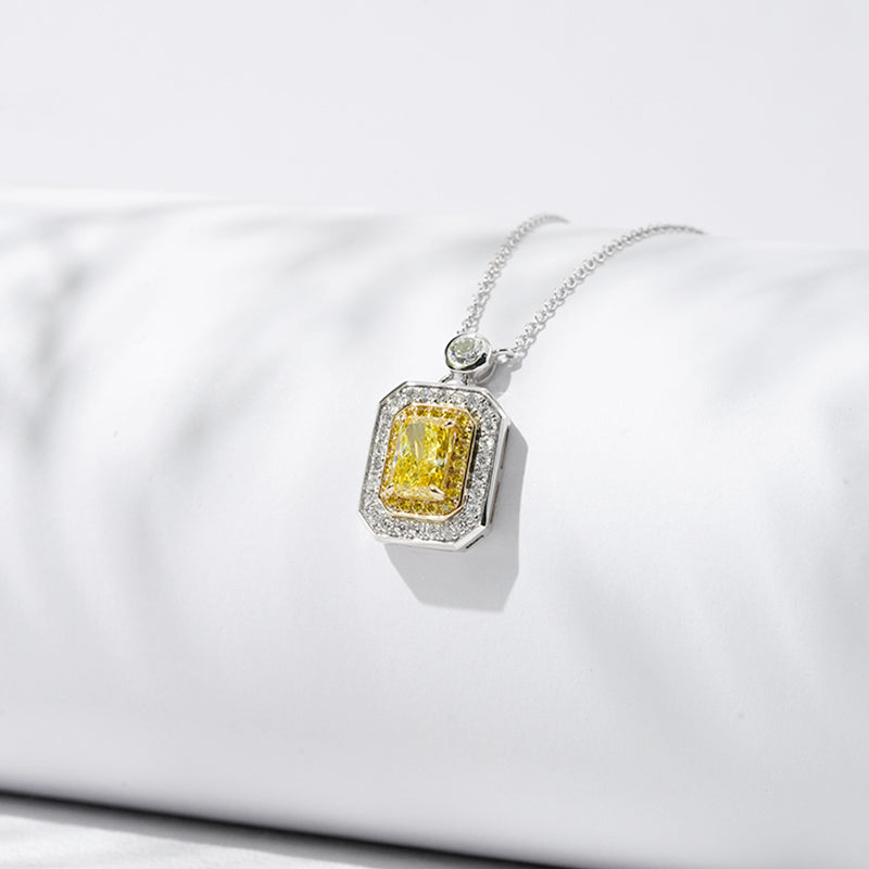 9x11mm, 0.85ct Rectangle-Radiant Cut Yellow Diamond with Yellow/White Diamond Halo Pendant Necklace in 18K Solid White Gold