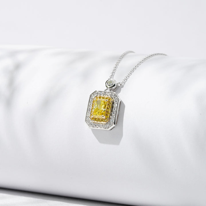 9x11mm, 0.85ct Rectangle-Radiant Cut Yellow Diamond with Yellow/White Diamond Halo Pendant Necklace in 18K Solid White Gold
