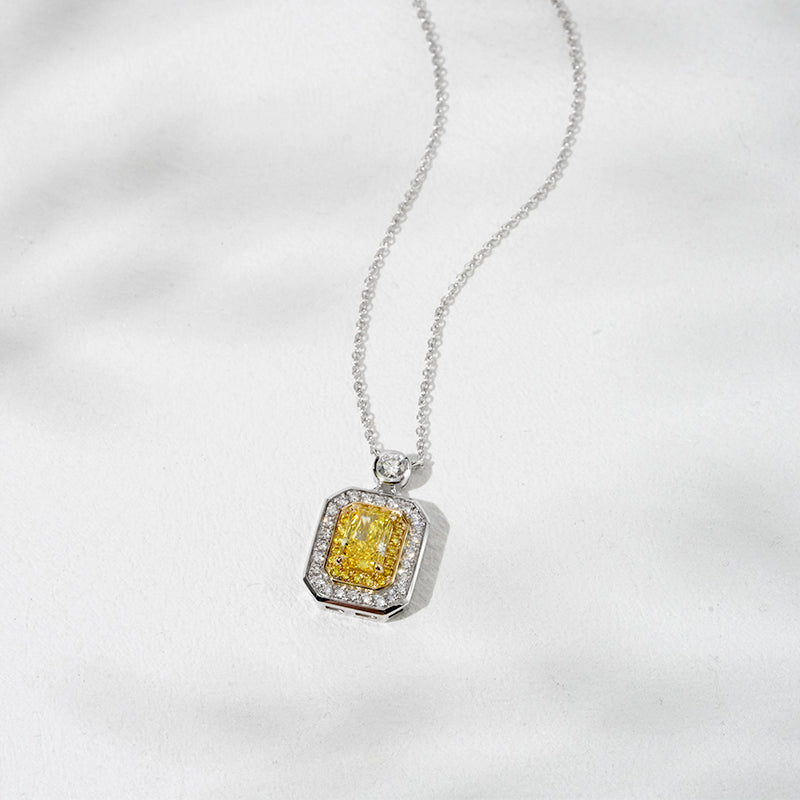 9x11mm, 0.85ct Rectangle-Radiant Cut Yellow Diamond with Yellow/White Diamond Halo Pendant Necklace in 18K Solid White Gold