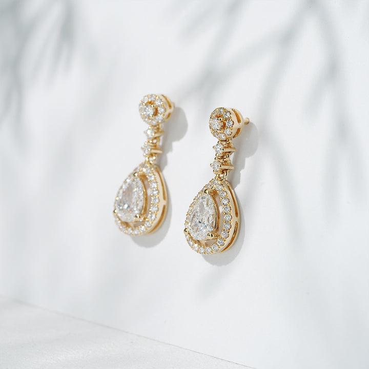 1.00ct Lab-Diamond Pear Dangle Earrings in 18K Solid Yellow Gold
