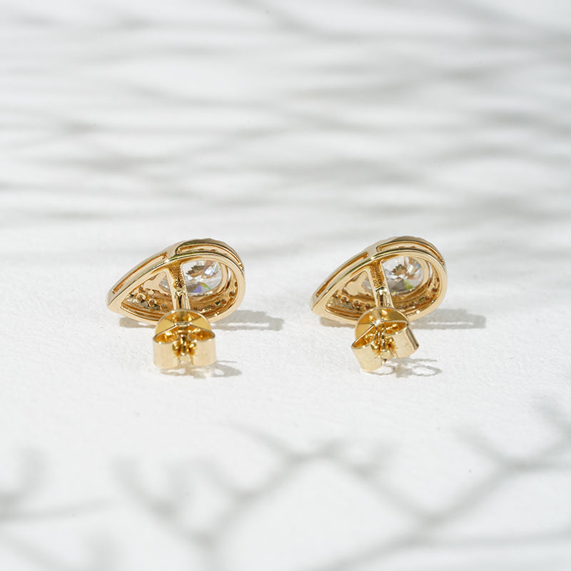 1.00ct Lab-Diamond Pear Cut Stud with Diamond Halo Earrings in 18K Solid Yellow Gold