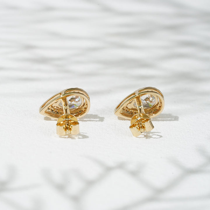 1.00ct Lab-Diamond Pear Cut Stud with Diamond Halo Earrings in 18K Solid Yellow Gold