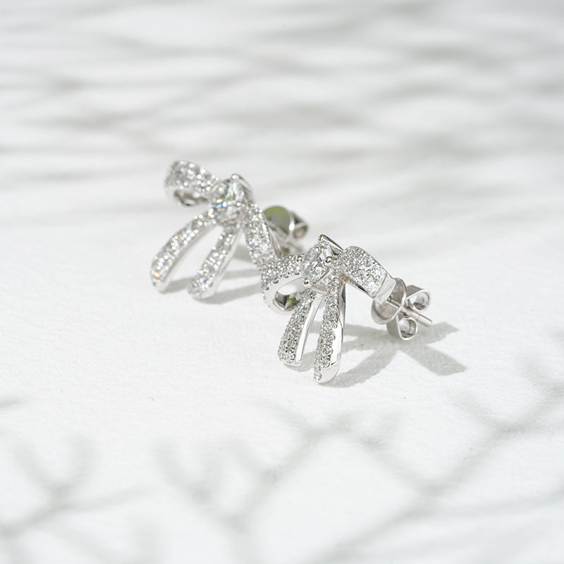 Lab-Diamond Ribbon Earrings in 18K Solid White Gold