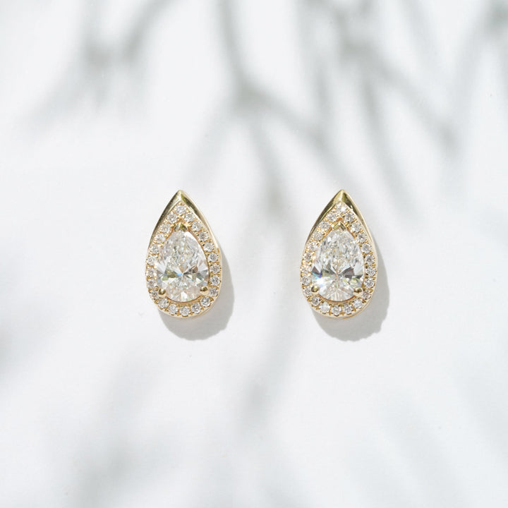 1.00ct Lab-Diamond Pear Cut Stud with Diamond Halo Earrings in 18K Solid Yellow Gold