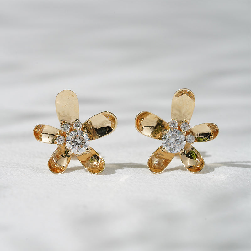 Lab-Diamond Flower Earrings in 18K Solid Yellow Gold