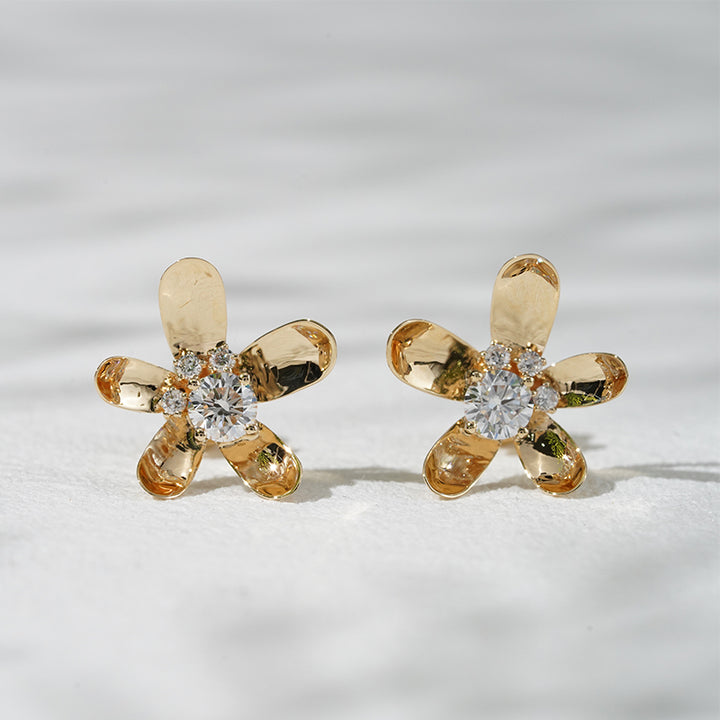 Lab-Diamond Flower Earrings in 18K Solid Yellow Gold