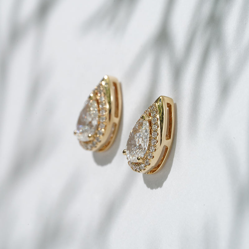 1.00ct Lab-Diamond Pear Cut Stud with Diamond Halo Earrings in 18K Solid Yellow Gold