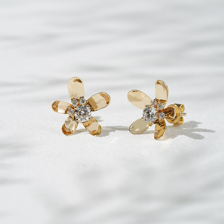 Lab-Diamond Flower Earrings in 18K Solid Yellow Gold