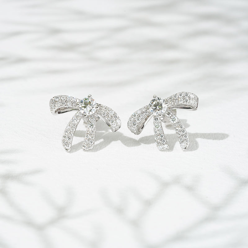 Lab-Diamond Ribbon Earrings in 18K Solid White Gold