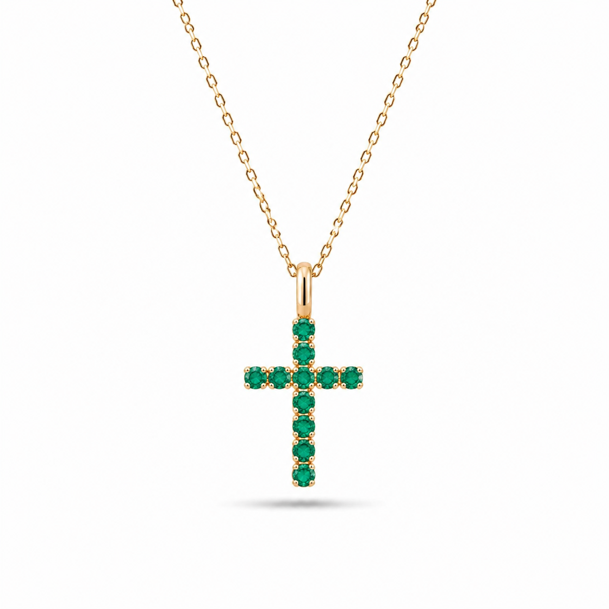 2mm, 0.80ctw Lab-Grown Colombian Emerald Cross Pendant Necklace