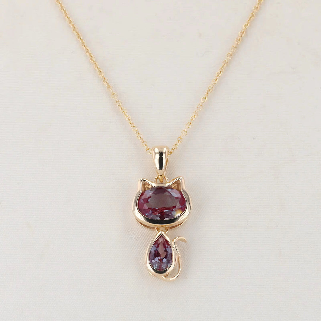 1.75ct Oval & Pear-Cut Alexandrite Cat Pendant Necklace in 14K Yellow Gold (6x8mm, 3x6mm)
