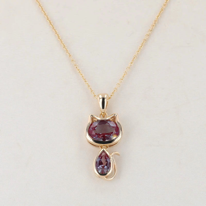 1.75ct Oval & Pear-Cut Alexandrite Cat Pendant Necklace in 14K Yellow Gold (6x8mm, 3x6mm)