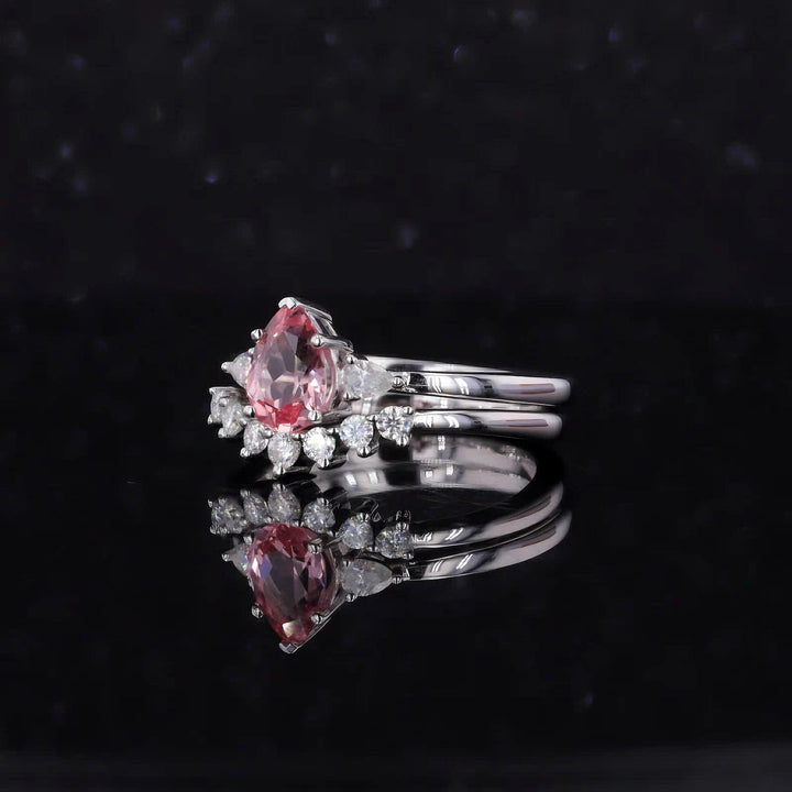 5x7mm, 0.85ct Pear Lab-Grown Pink Sapphire with Pear Diamond Three-Stone Ring with Stacking Diamond Ring in 14K White Gold