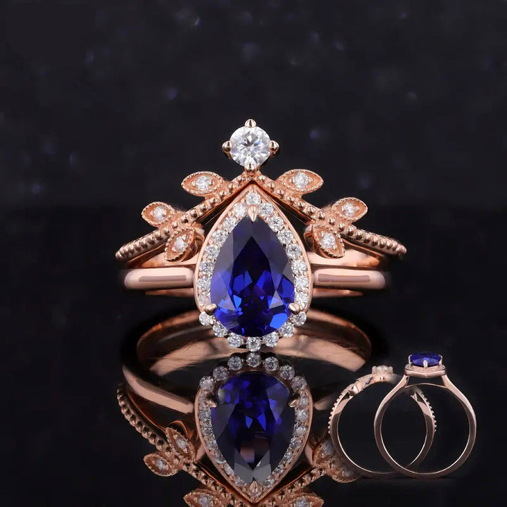 6x9mm, 2.00ct Pear Lab-Grown Blue Sapphire with Diamond Halo Ring with Stacking Ring in 18K Rose Gold