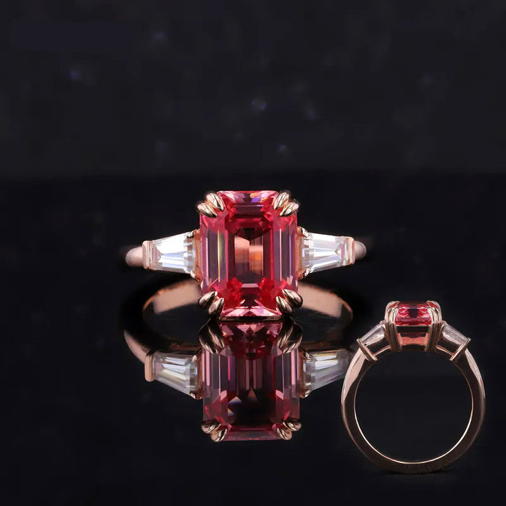 7x9mm, 3.00ct Emerald Lab-Grown Parparadscha Pink Sapphire Three-Stone Ring with Diamonds in 14K Rose Gold