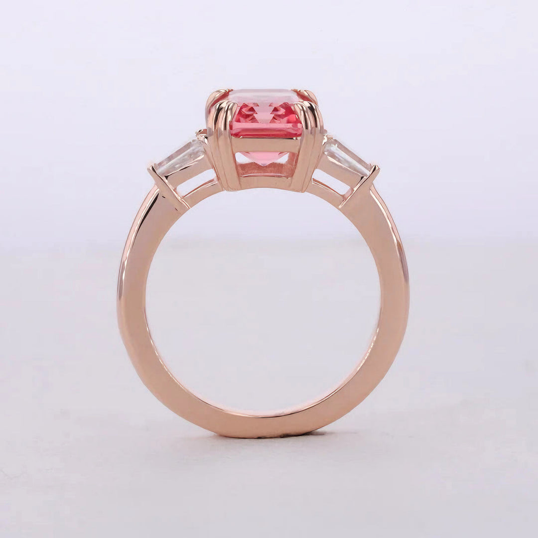 7x9mm, 3.00ct Emerald Lab-Grown Parparadscha Pink Sapphire Three-Stone Ring with Diamonds in 14K Rose Gold