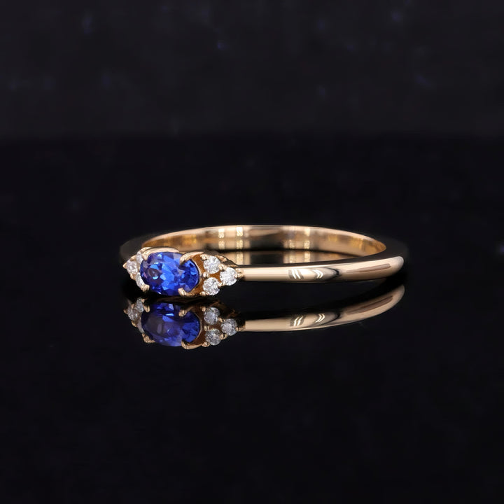 3x5mm, 0.3ct Oval Lab-Grown Blue Sapphire Ring with Diamond Accents in 14K Yellow Gold