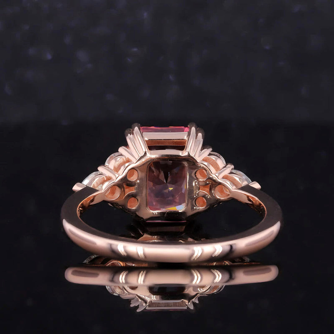 7x11mm, 4.90ct Long Cushion Lab-Grown Padparadscha Pink Sapphire with Diamonds Accents Ring in 14K Rose Gold