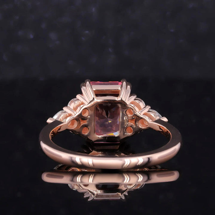 7x11mm, 4.90ct Long Cushion Lab-Grown Padparadscha Pink Sapphire with Diamonds Accents Ring in 14K Rose Gold