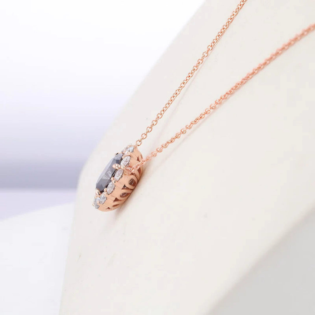 2.0ct Oval Blue Moissanite Diana Pendant Necklace with Diamond Halo in 14K/18K Rose Gold (7x9mm)