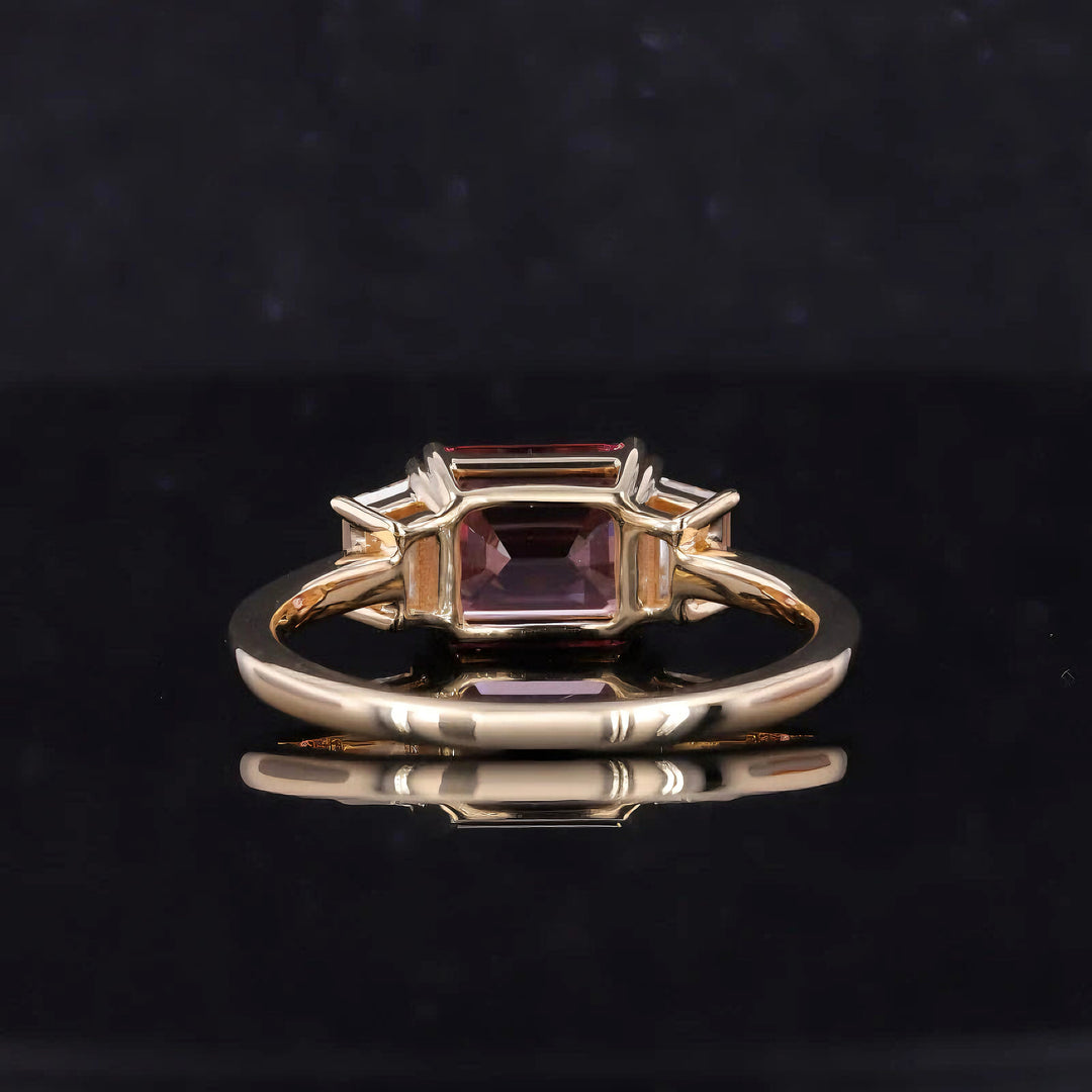 6.10ct Emerald-Cut Padparadscha Pink Sapphire Three-Stone Ring in 14K or 18K Yellow Gold