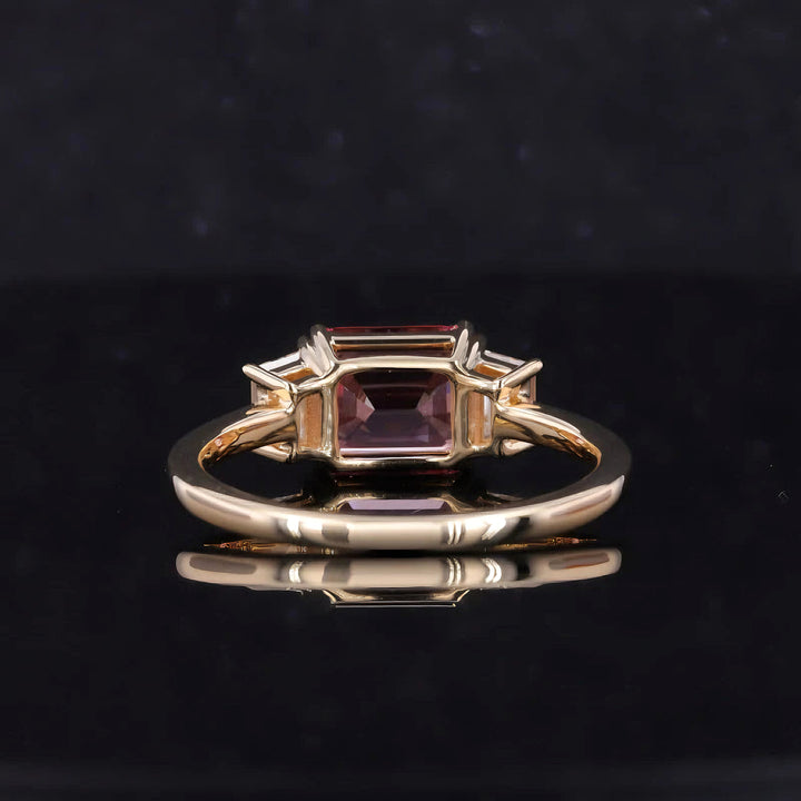 6.10ct Emerald-Cut Padparadscha Pink Sapphire Three-Stone Ring in 14K or 18K Yellow Gold