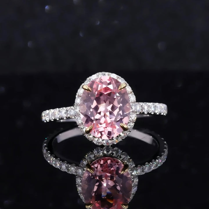 8x10mm, 4.00ct Oval Lab-Grown Sakura Pink Sapphire with Diamond Halo/Eternity Ring in 14K White Gold