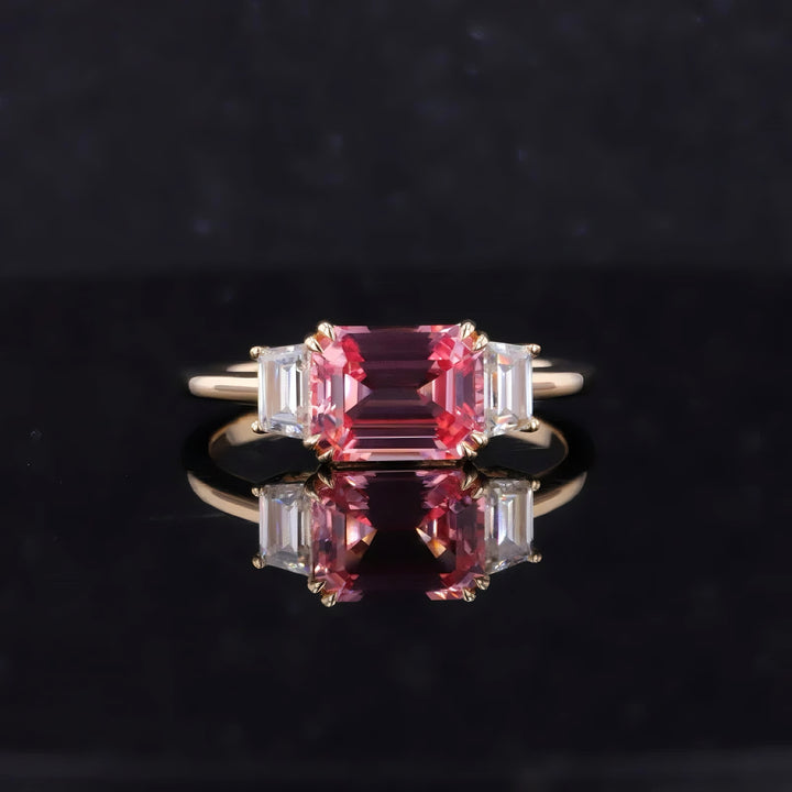 6.10ct Emerald-Cut Padparadscha Pink Sapphire Three-Stone Ring in 14K or 18K Yellow Gold