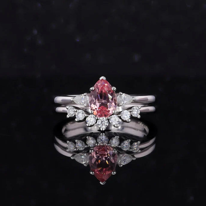5x7mm, 0.85ct Pear Lab-Grown Pink Sapphire with Pear Diamond Three-Stone Ring with Stacking Diamond Ring in 14K White Gold