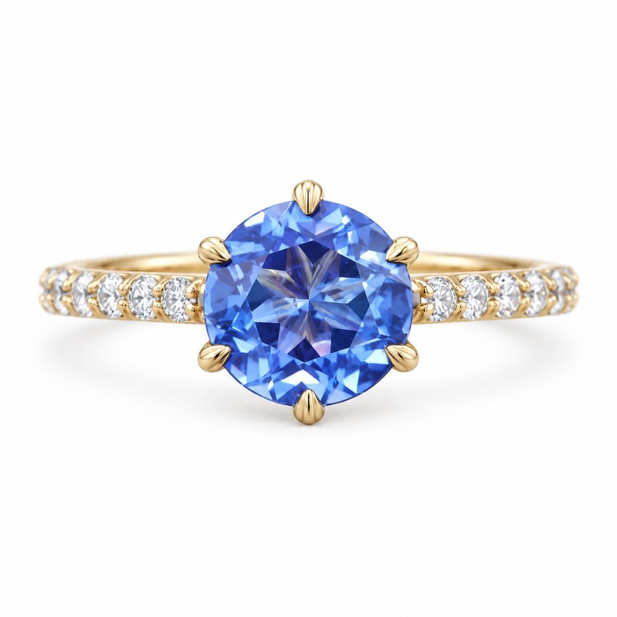 The Bluebell — Blue Round Sapphire with Floral Prongs & Diamond Half-Eternity Ring