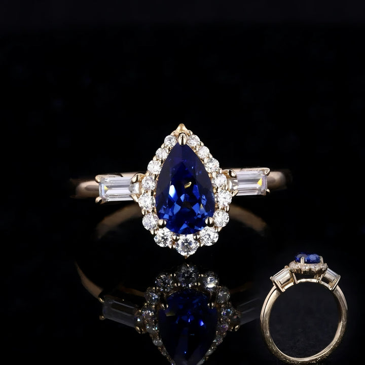 1.10ct Pear-Cut Blue Sapphire Ring with Diamond Halo & Baguette Side Stones in 14K Yellow Gold (5x8mm)