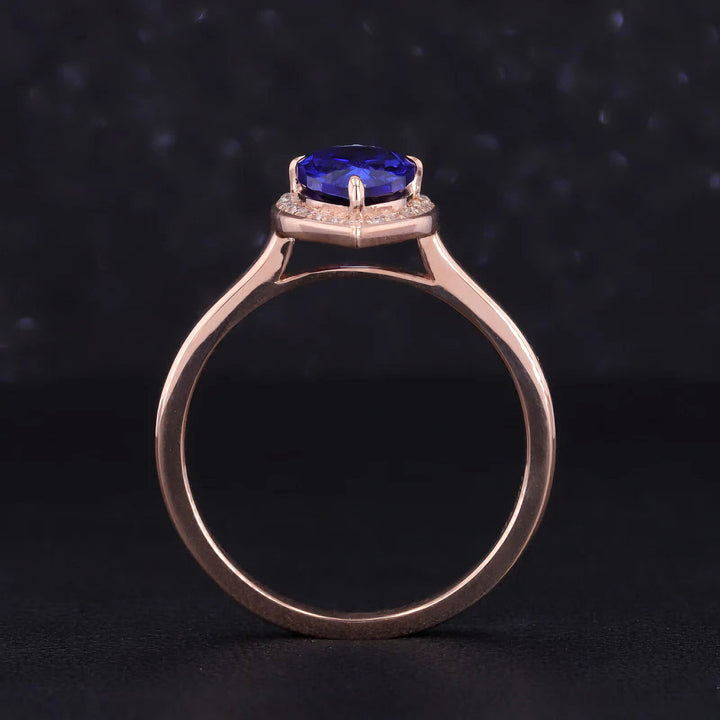 6x9mm, 2.00ct Pear Lab-Grown Blue Sapphire with Diamond Halo Ring with Stacking Ring in 18K Rose Gold