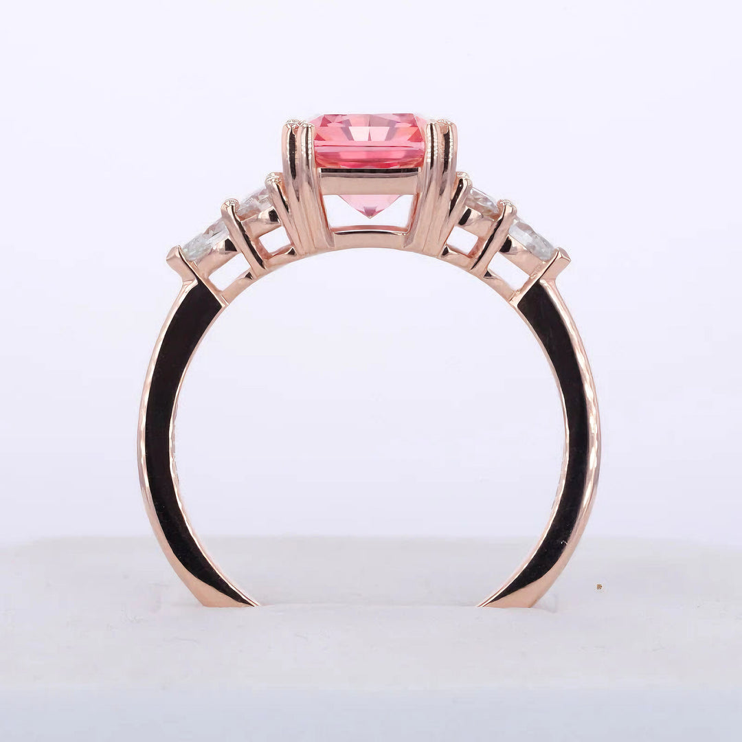 7x11mm, 4.90ct Long Cushion Lab-Grown Padparadscha Pink Sapphire with Diamonds Accents Ring in 14K Rose Gold